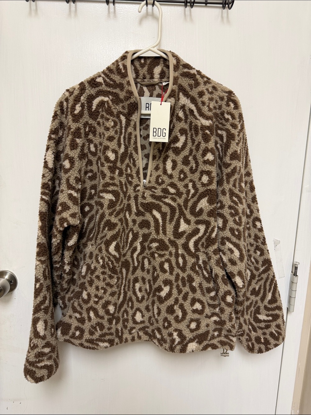 BDG Brown and Cream Animal Print Sherpa Pull-Over Jacket
